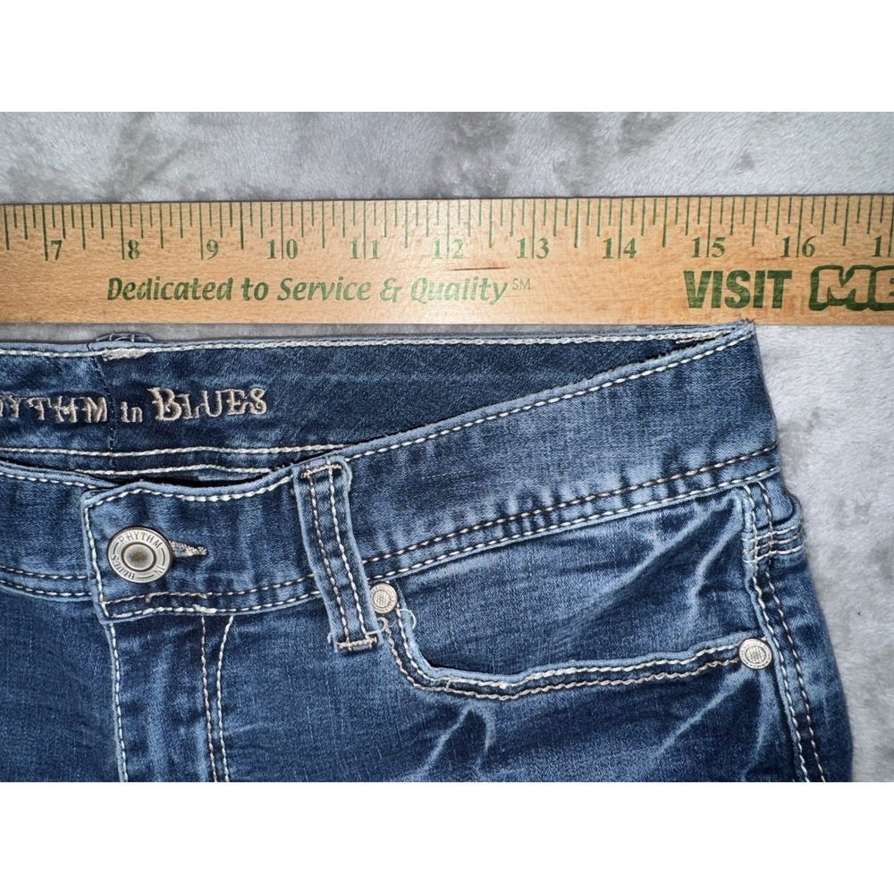 Rhythm‎ In Blues Cutoff Capri Jeans Sz 10 Mid Rise Stretch Med Wash Thick Stitch - Picture 6 of 16